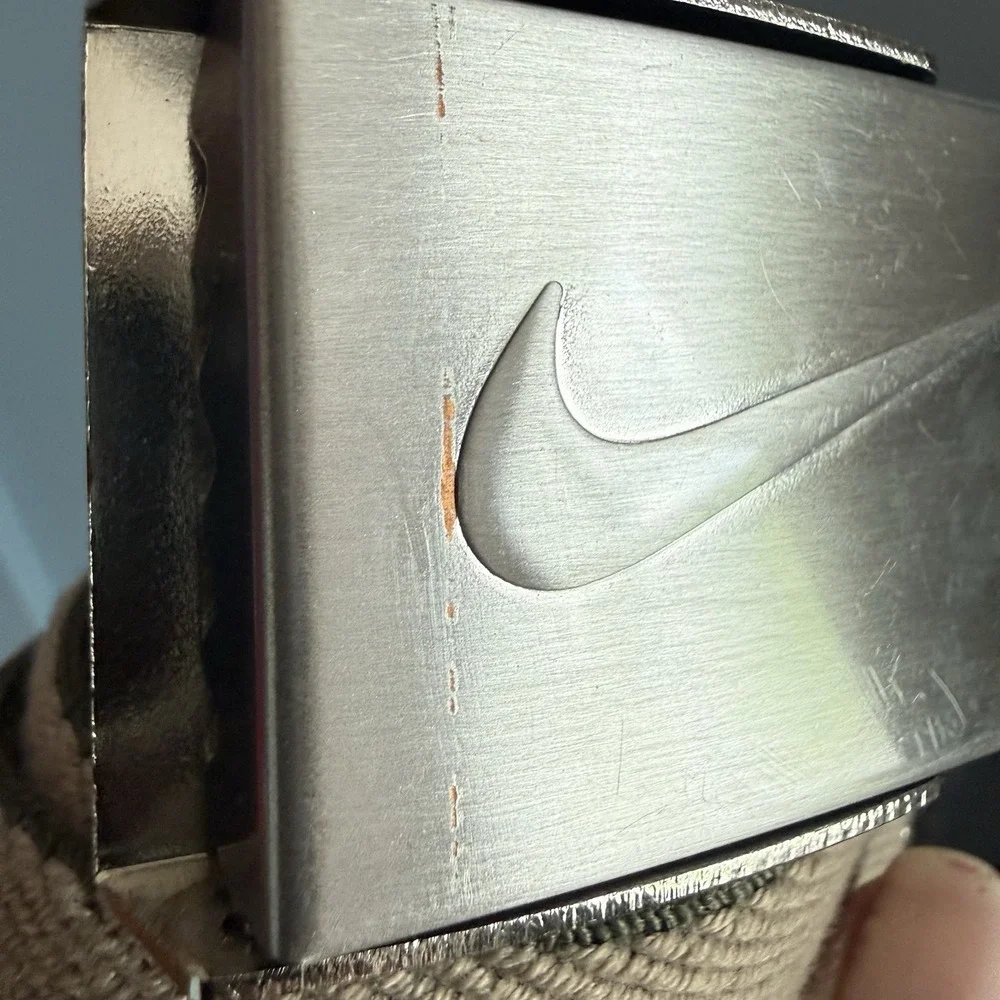 Nike Reversible Web Belt Khaki Olive Green Silver Swoosh Buckle‎ Canvas Tech 37